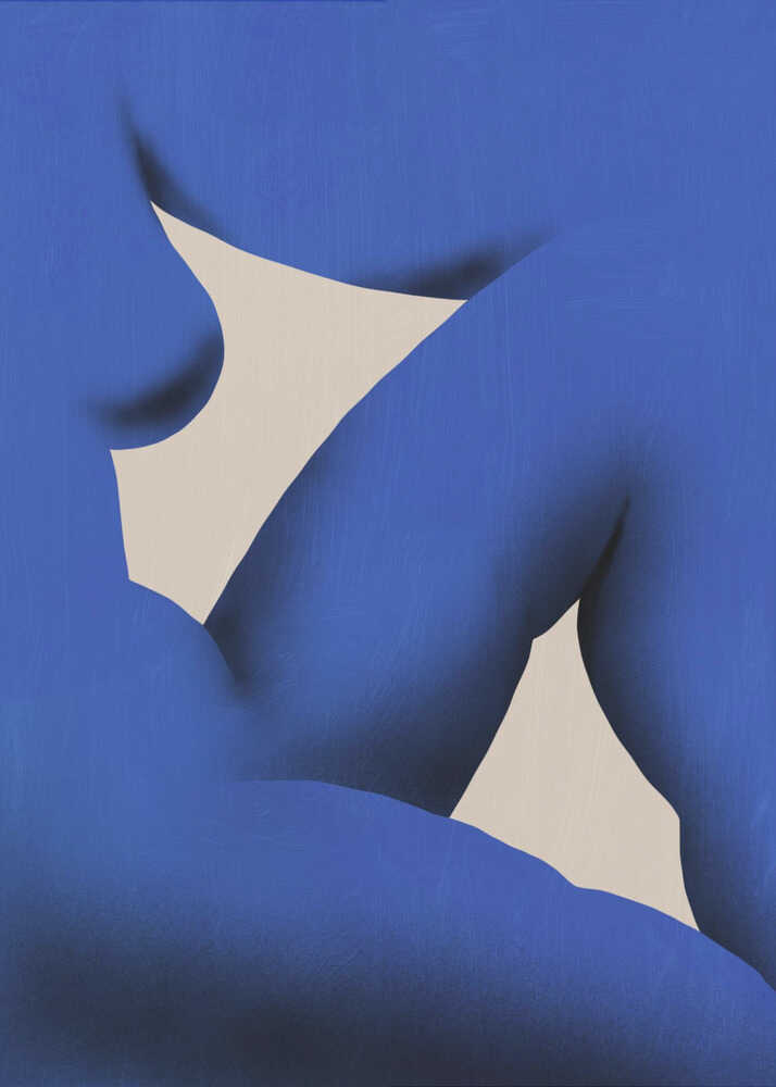 A minimalist, abstract sculpture of a seated human figure in a deep cerulean blue, designed with smooth, flowing lines to evoke a sense of peace and meditation against a soft-lit, neutral background.