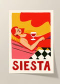 Siesta poster featuring a retro-style illustration of a red-haired woman reclining with a glass of red wine, vibrant red, yellow and pink colors, and bold red SIESTA typography.