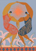 Sisterhood by Arty Guava art print. Illustration of two diverse women dancing and holding hands under a large vibrant sun with tropical palm leaves and a tiled floor. Warm orange and blue color palette.