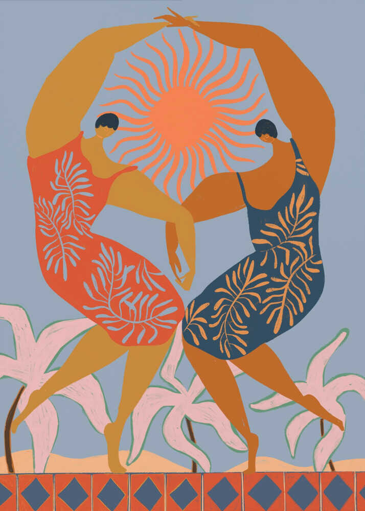 Sisterhood by Arty Guava art print. Illustration of two diverse women dancing and holding hands under a large vibrant sun with tropical palm leaves and a tiled floor. Warm orange and blue color palette.