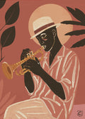An earth-toned art print titled "Soulful Jazz Trumpeter" by Cannavaro, showing a Black man with a fedora playing a gold trumpet against a terracotta background with a large sun and dark green tropical leaves poster.