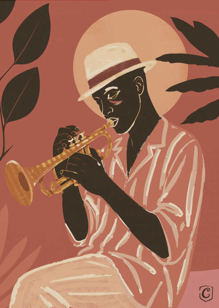 An earth-toned art print titled "Soulful Jazz Trumpeter" by Cannavaro, showing a Black man with a fedora playing a gold trumpet against a terracotta background with a large sun and dark green tropical leaves poster.