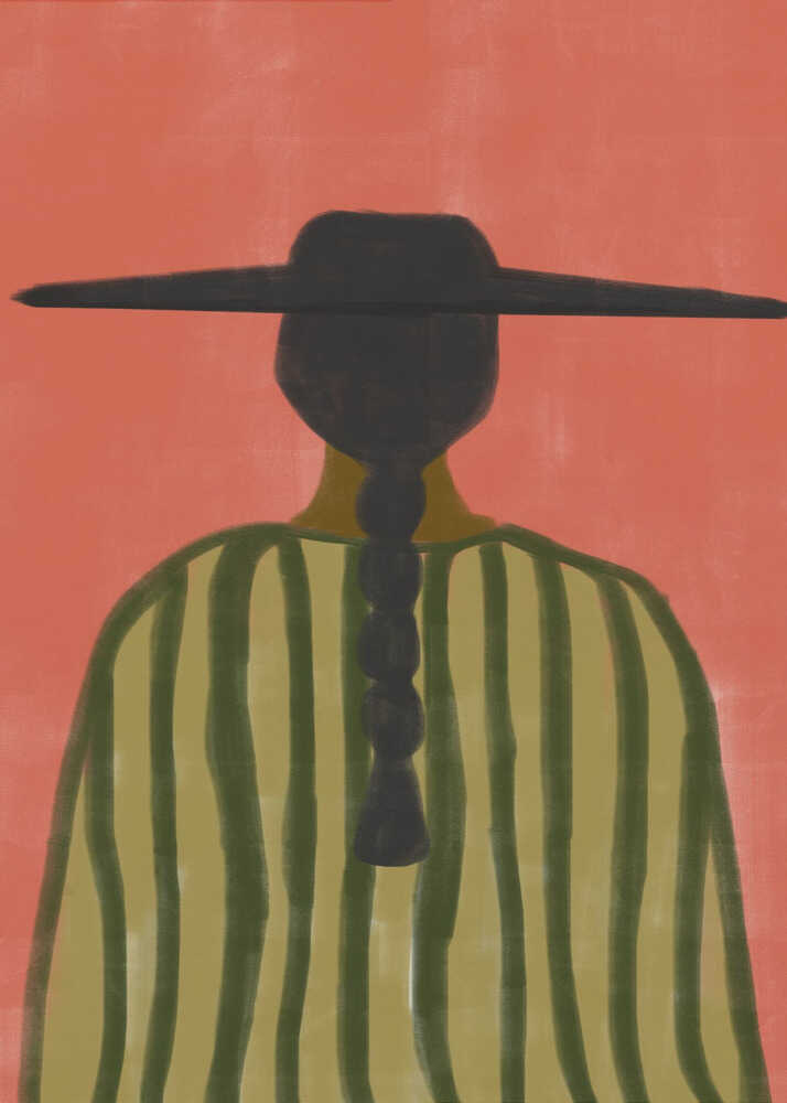 Minimalist graphic art print titled Southwester Woman No.2 by THE MIUUS STUDIO, depicting the back of a figure wearing a wide-brimmed black hat, a long braided ponytail, and a green-and-beige striped top against a warm terracotta pink background.