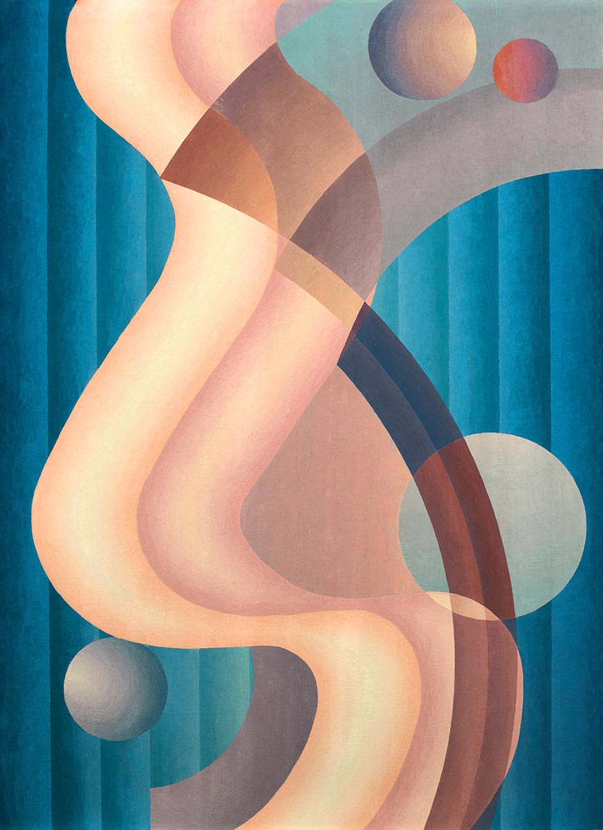Vintage abstract artwork from 1939 by Stuart Walker showcasing curving shapes in pastel colors, intersected by vertical blue stripes and adorned with floating spheres.