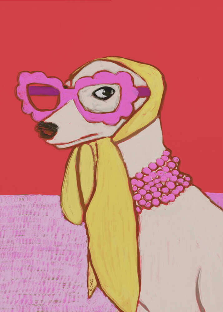 An illustrative portrait of a chic, fashion-forward dog wearing oversized pink scalloped sunglasses and a lemon-yellow silk headscarf. This vibrant, whimsical piece is designed to bring a touch of playful sophistication to curated modern interiors.