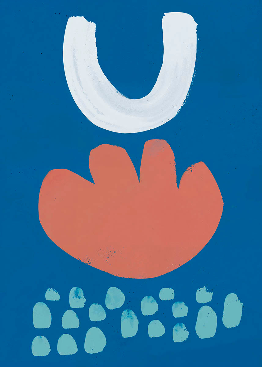 Abstract poster with a bold terracotta shape resembling a flower or sun setting below a large white semicircle, on a vivid blue background, with a pattern of light blue pebble-like shapes at the bottom
