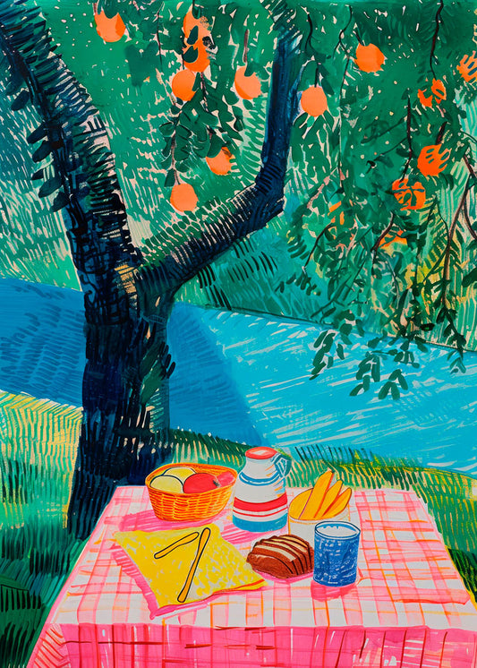 A brightly colored art poster featuring an outdoor summer picnic scene with a blue and green backdrop of trees and grass, a pink patterned picnic tablecloth, and a spread of fruits, bread, and beverages.