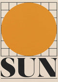 A minimalist graphic art print featuring a large, solid golden-orange circle centered over a black square grid pattern. The word "SUN" is written in large, bold black serif capital letters at the bottom, underlined by a thin black line, all set against a textured light cream background.