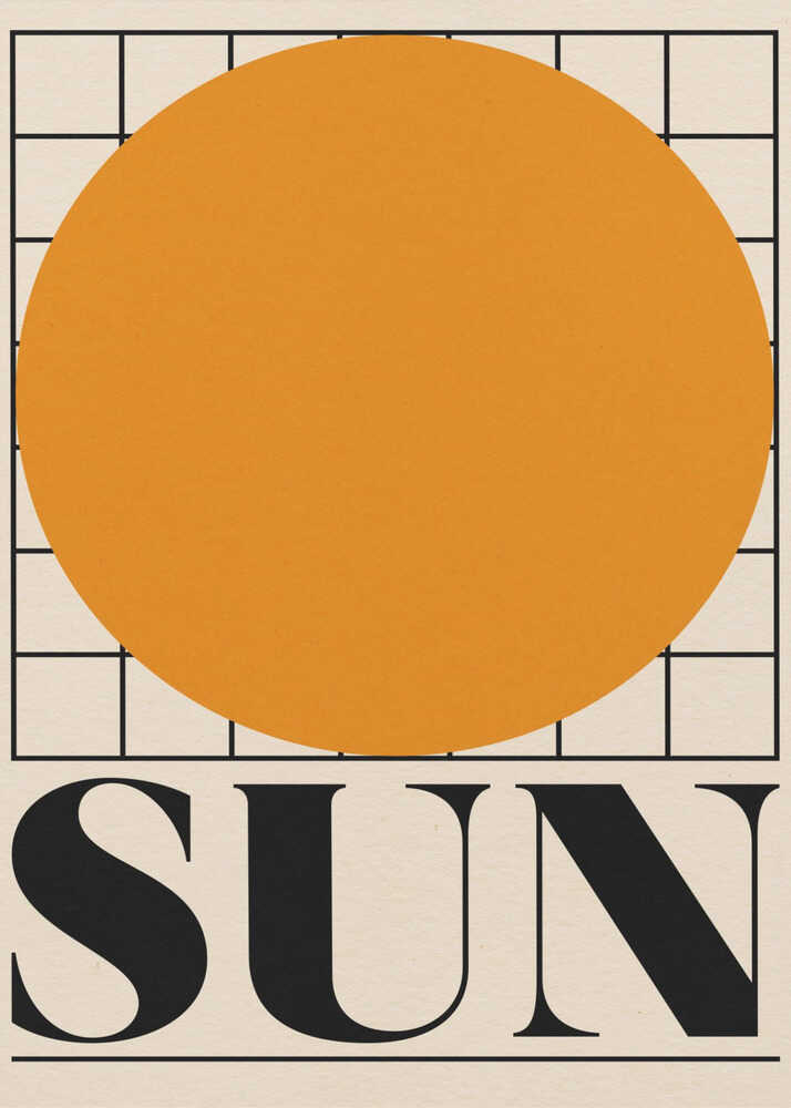 A minimalist graphic art print featuring a large, solid golden-orange circle centered over a black square grid pattern. The word "SUN" is written in large, bold black serif capital letters at the bottom, underlined by a thin black line, all set against a textured light cream background.