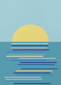 A minimalist graphic art print of a sunset over the ocean. The illustration features a large pale yellow sun on a light blue background. Below the horizon line, the dark blue sea is detailed with a vertical stack of varied horizontal lines in pink, yellow, purple, and different shades of blue, representing the sun's reflection.