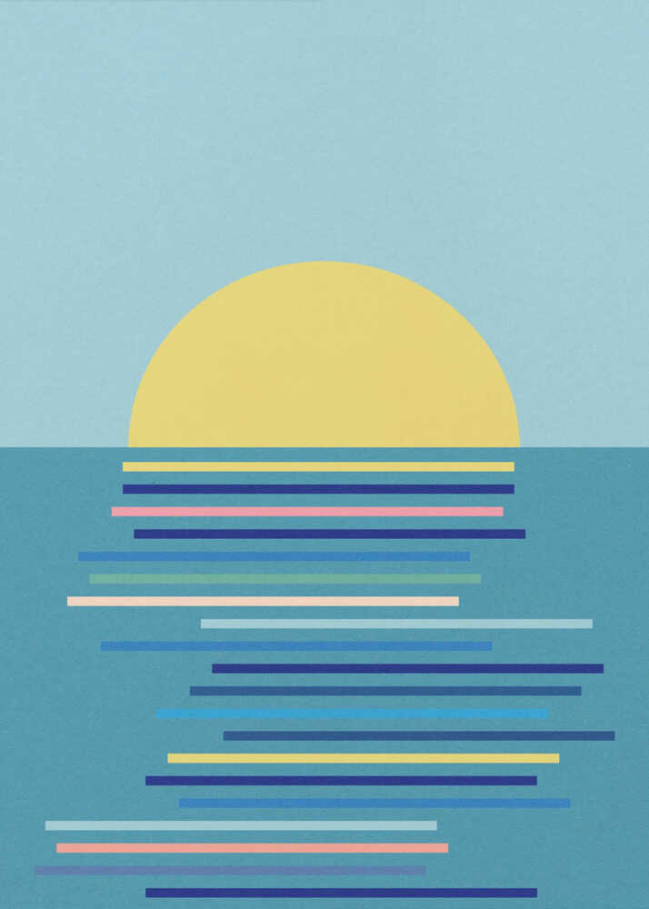 A minimalist graphic art print of a sunset over the ocean. The illustration features a large pale yellow sun on a light blue background. Below the horizon line, the dark blue sea is detailed with a vertical stack of varied horizontal lines in pink, yellow, purple, and different shades of blue, representing the sun's reflection.