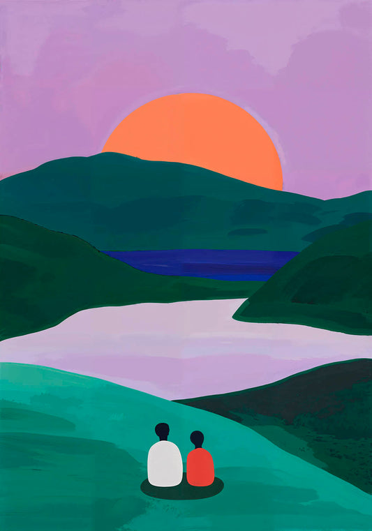A captivating poster featuring two abstract figures sitting side by side, overlooking a tranquil lake nestled between lush hills under a vast purple sky. The setting sun casts a warm orange glow, enveloping the scene in a peaceful embrace. This artwork's bold, yet simple shapes and harmonious color palette evoke a sense of calm and togetherness, perfect for creating a soothing atmosphere in any living space or office.