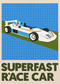 A minimalist graphic art print of a white vintage-style race car with "81" on the side and rainbow stripes. The car is depicted driving on a diagonal green track against a bright blue grid background. The words "SUPERFAST RACE CAR" are printed in large, bold olive-green letters at the bottom against a light cream border.