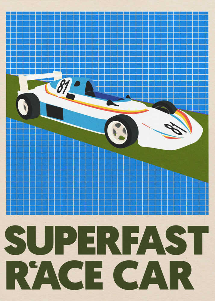 A minimalist graphic art print of a white vintage-style race car with "81" on the side and rainbow stripes. The car is depicted driving on a diagonal green track against a bright blue grid background. The words "SUPERFAST RACE CAR" are printed in large, bold olive-green letters at the bottom against a light cream border.