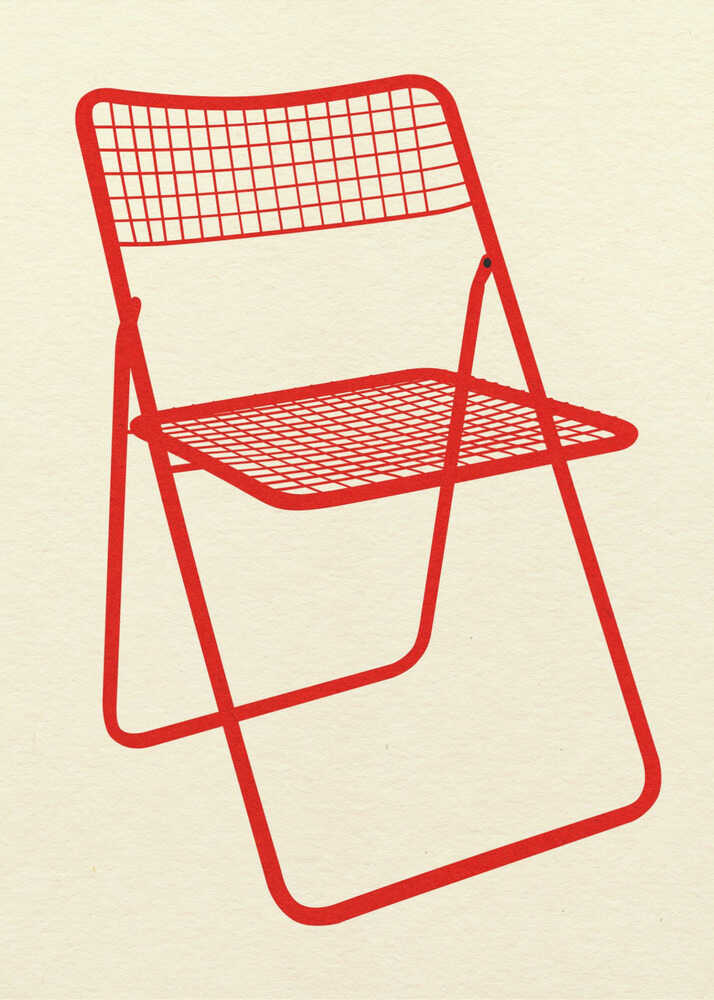 A minimalist industrial design art print illustrating a red folding chair with a grid-patterned mesh seat and back. The illustration features clean, bold lines in a vibrant scarlet red against a textured, light cream background.