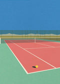 A minimalist graphic art print of a tennis court in a desert setting. The illustration features a terracotta-colored clay court with clean white lines and a single yellow tennis ball, surrounded by a sage-green surface and a wire fence, with sand dunes and a clear blue sky in the background.