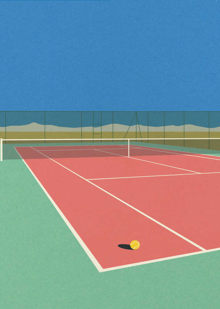 A minimalist graphic art print of a tennis court in a desert setting. The illustration features a terracotta-colored clay court with clean white lines and a single yellow tennis ball, surrounded by a sage-green surface and a wire fence, with sand dunes and a clear blue sky in the background.