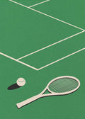 A minimalist graphic art print titled "Lawn Tennis Club" by Rosi Feist. The illustration features a top-down perspective of a green grass tennis court with white boundary lines. In the foreground, a cream-colored tennis racket and a tennis ball with a dark shadow are rendered in a flat-color geometric style with a subtle paper texture.