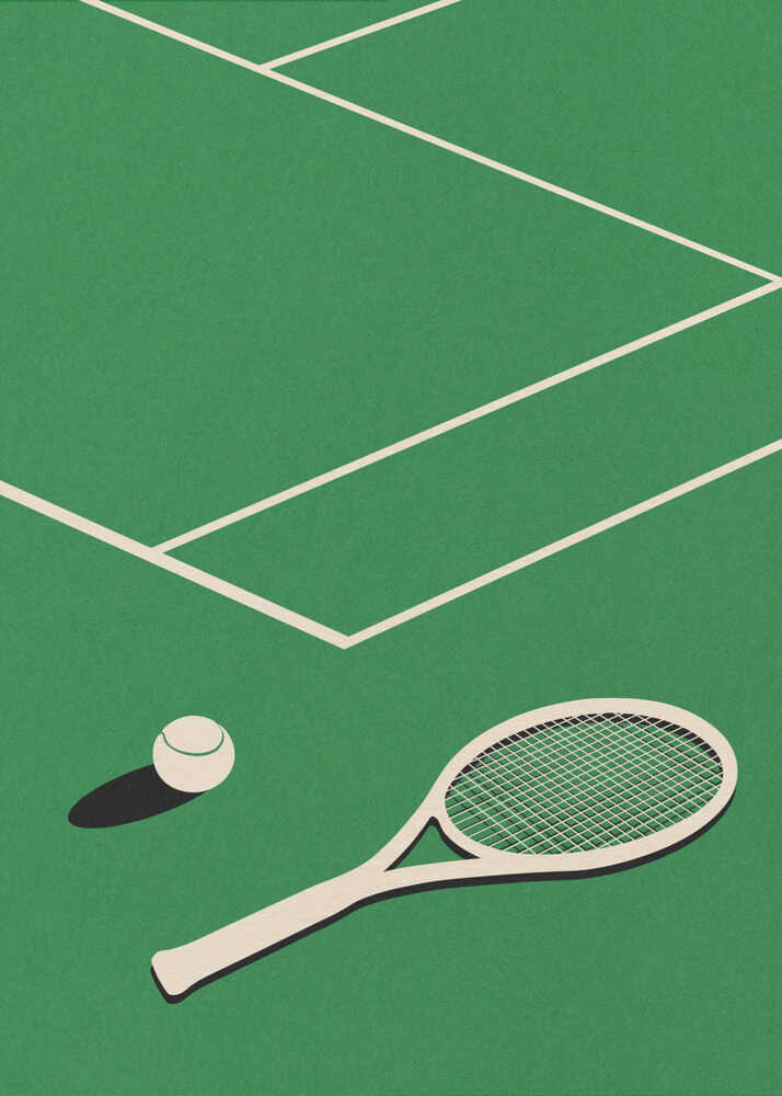 A minimalist graphic art print titled "Lawn Tennis Club" by Rosi Feist. The illustration features a top-down perspective of a green grass tennis court with white boundary lines. In the foreground, a cream-colored tennis racket and a tennis ball with a dark shadow are rendered in a flat-color geometric style with a subtle paper texture.