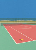 A minimalist graphic art print of a tennis court in a desert setting. The illustration features a terracotta-colored court with crisp white lines and a single yellow tennis ball, surrounded by a sage-green surface and a wire fence, with sand dunes and a clear blue sky in the background.