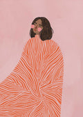 Illustration of a woman with closed eyes wearing a coral and cream swirl-patterned cloak, set against a pink background – art print by Bea Müller.
