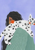 Illustration of a woman with long dark hair and a white spotted cat draped over her shoulder, set against a soft purple background.