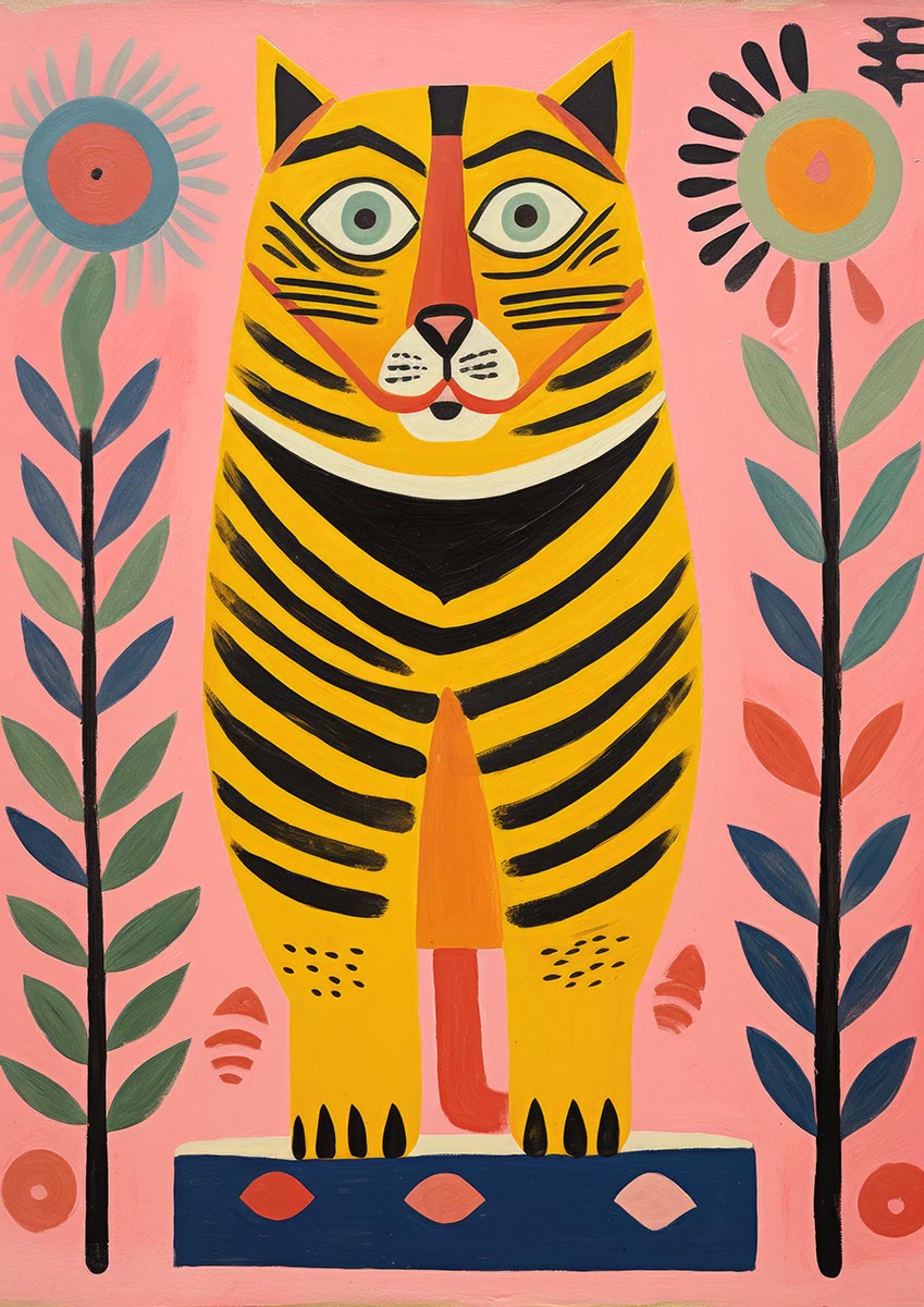Illustration of a yellow-striped tiger with expressive eyes, surrounded by sunflowers on a pink background, ideal for children's rooms and nurseries.