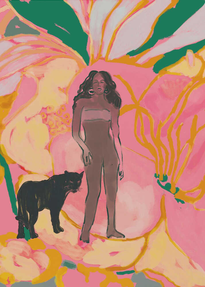 Bold illustration of a woman standing beside a black panther, set against a vibrant pink and yellow floral background with expressive, surreal details.