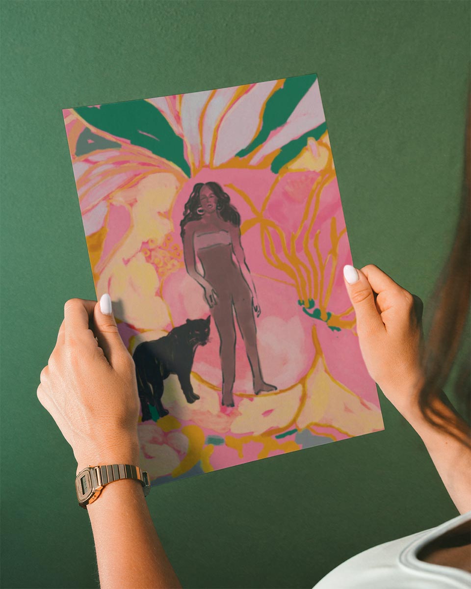 Bold illustration of a woman standing beside a black panther, set against a vibrant pink and yellow floral background with expressive, surreal details.