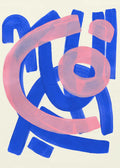 Abstract painting by Ejaaz Haniff featuring bold, thick cobalt blue curved brushstrokes layered with translucent pink circular and arched shapes on a cream background.
