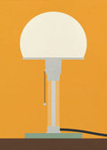 A minimalist graphic illustration of the iconic Wagenfeld WG 24 Bauhaus table lamp. The image features a white semi-spherical glass globe resting on a clear glass and metal cylindrical stem, complete with its signature pull-chain switch. The lamp is set against a vibrant mustard-yellow background with a simple brown surface at the bottom.