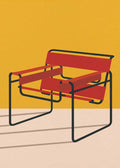 A minimalist vector illustration of the Wassily Chair, a Bauhaus design classic. The chair features a black tubular steel frame with vibrant red fabric or leather straps for the seat, backrest, and armrests. It is set against a warm yellow background with a light beige floor and stylized diagonal shadows.