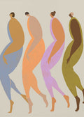 We The Giants" art print by Arty Guava. An illustration of four stylized, giant female figures walking in a line against a beige background. They are rendered in muted shades of blue, orange, purple, and green, depicting a sense of unity, confidence, and sisterhood