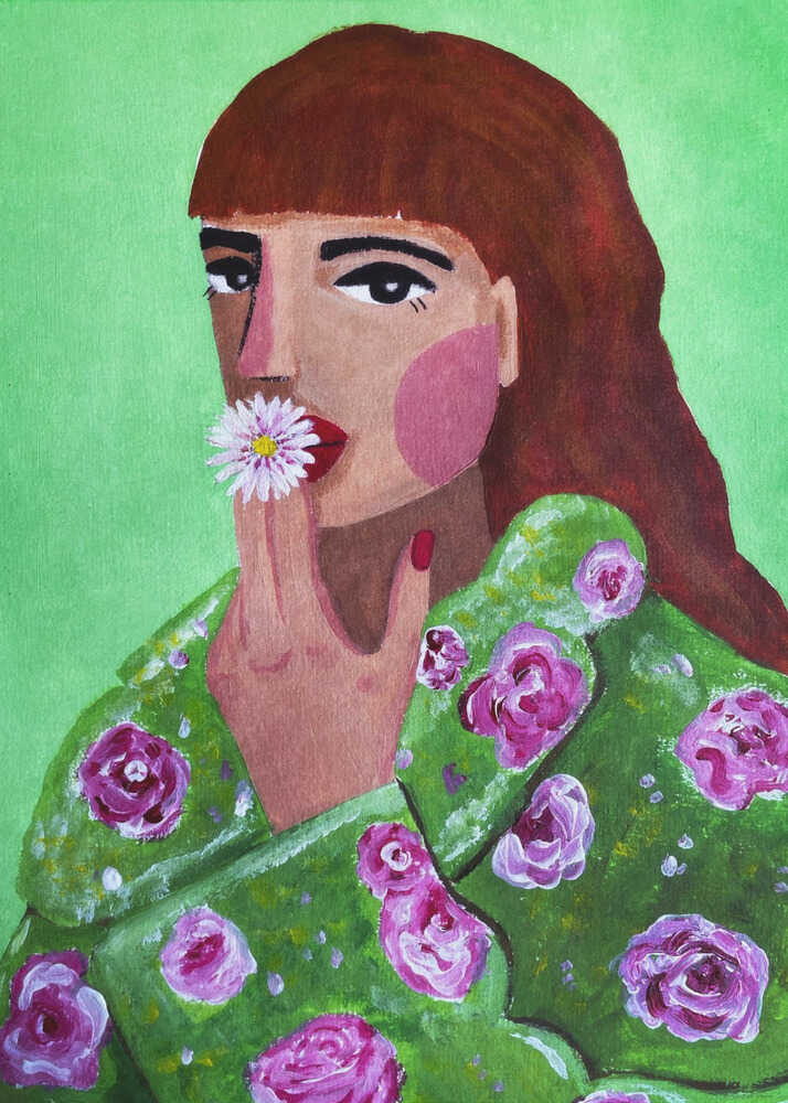 A modern painted portrait of a woman holding a flower to her lips, wearing a green coat decorated with pink roses, set against a bright green background.