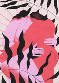 Modern minimalist illustration titled Women's Gentle Embrace, showing two women in a warm, tender embrace with a grainy texture. The figures are rendered in contrasting shades of blush pink and terracotta red, interwoven with bold black tropical leaves. The off-white background features faint red radiating lines and a small black crescent moon.