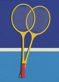 A minimalist graphic art print of two yellow vintage-style tennis rackets with red handles, positioned over a background divided into deep blue and light blue horizontal sections. The design uses flat colors and clean lines to create a modern, sporty aesthetic.