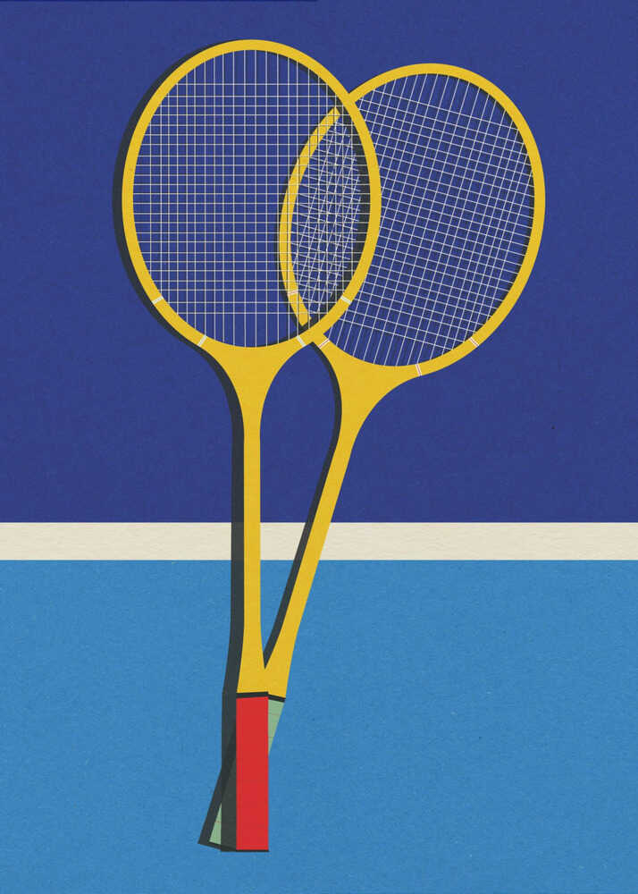 A minimalist graphic art print of two yellow vintage-style tennis rackets with red handles, positioned over a background divided into deep blue and light blue horizontal sections. The design uses flat colors and clean lines to create a modern, sporty aesthetic.