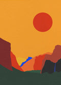 Abstract art poster of Yosemite Valley by Rosi Feist, featuring bold geometric mountains in shades of red, orange, and green with a large red sun in a golden sky and bright blue accents.