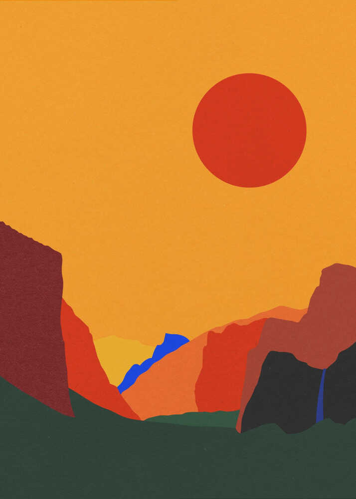 Abstract art poster of Yosemite Valley by Rosi Feist, featuring bold geometric mountains in shades of red, orange, and green with a large red sun in a golden sky and bright blue accents.