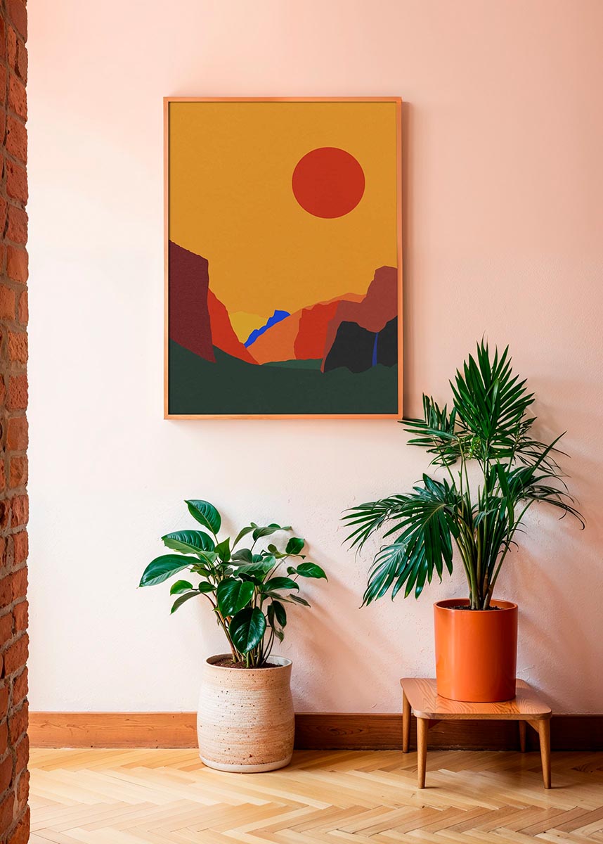 Abstract art poster of Yosemite Valley by Rosi Feist, featuring bold geometric mountains in shades of red, orange, and green with a large red sun in a golden sky and bright blue accents.