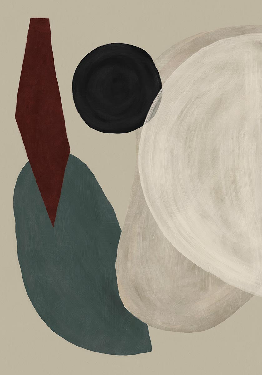 Abstract art print with earthy shapes in green, red, black, and beige on a neutral background.