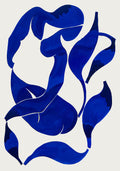 Abstract poster with fluid, curvy shapes in deep blue against a light background.