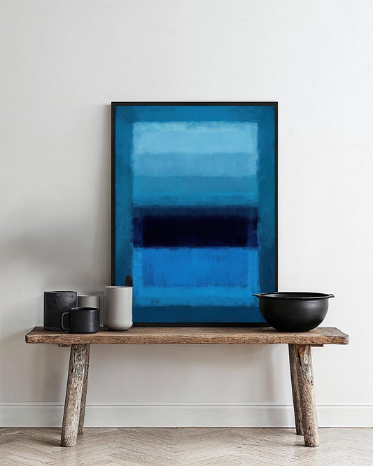 Abstract poster with layered blue tones and a dark horizontal stripe.
