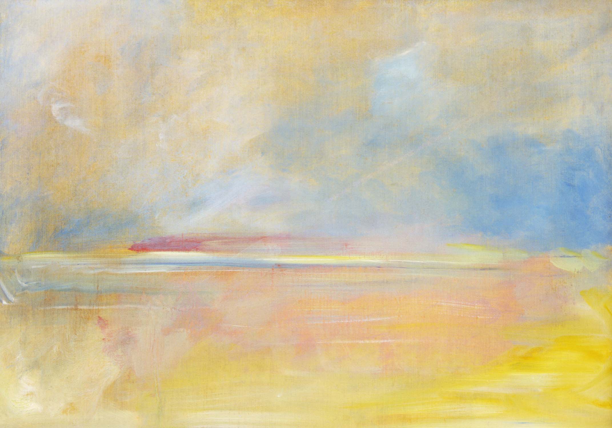 An abstract landscape painting featuring soft, horizontal brushstrokes of color. The top right is filled with a soft blue cloud-like wash, transitioning into a pale yellow and white sky toward the left. A faint, thin blue and soft reddish-pink horizon line cuts through the center, separating the sky from a warm, sandy-yellow and pale pink foreground reminiscent of a calm beach or open plain.