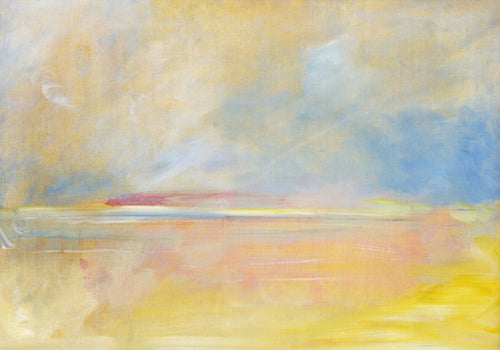 An abstract landscape painting featuring soft, horizontal brushstrokes of color. The top right is filled with a soft blue cloud-like wash, transitioning into a pale yellow and white sky toward the left. A faint, thin blue and soft reddish-pink horizon line cuts through the center, separating the sky from a warm, sandy-yellow and pale pink foreground reminiscent of a calm beach or open plain.