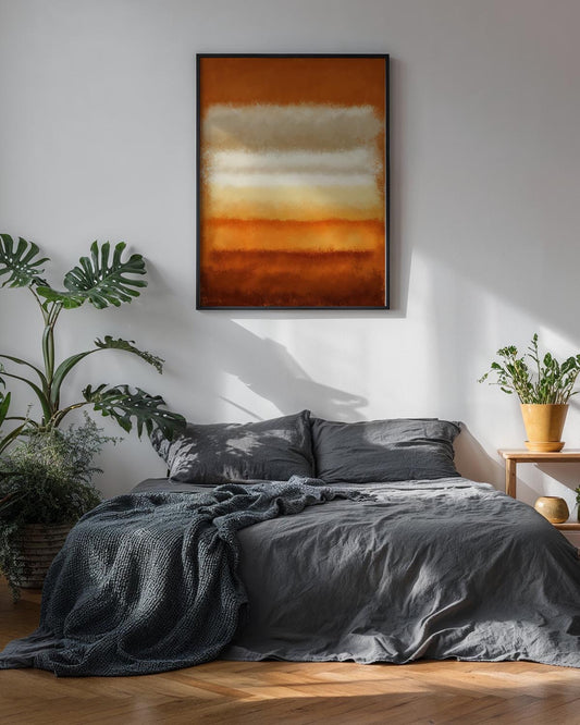 Abstract poster with horizontal bands of rust, beige, cream, and orange in a soft, textured, painterly style.