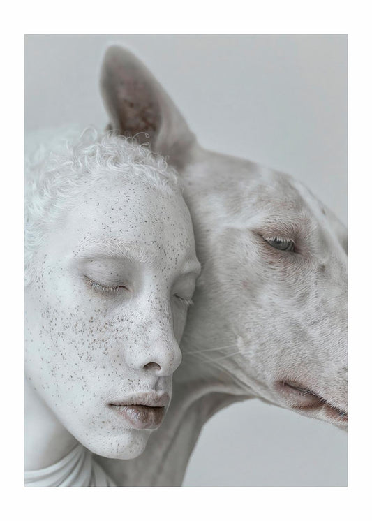 A poster showing an albino person and an albino dog with their heads gently touching, eyes closed in a tranquil moment that highlights their unique beauty and the silent bond they share.