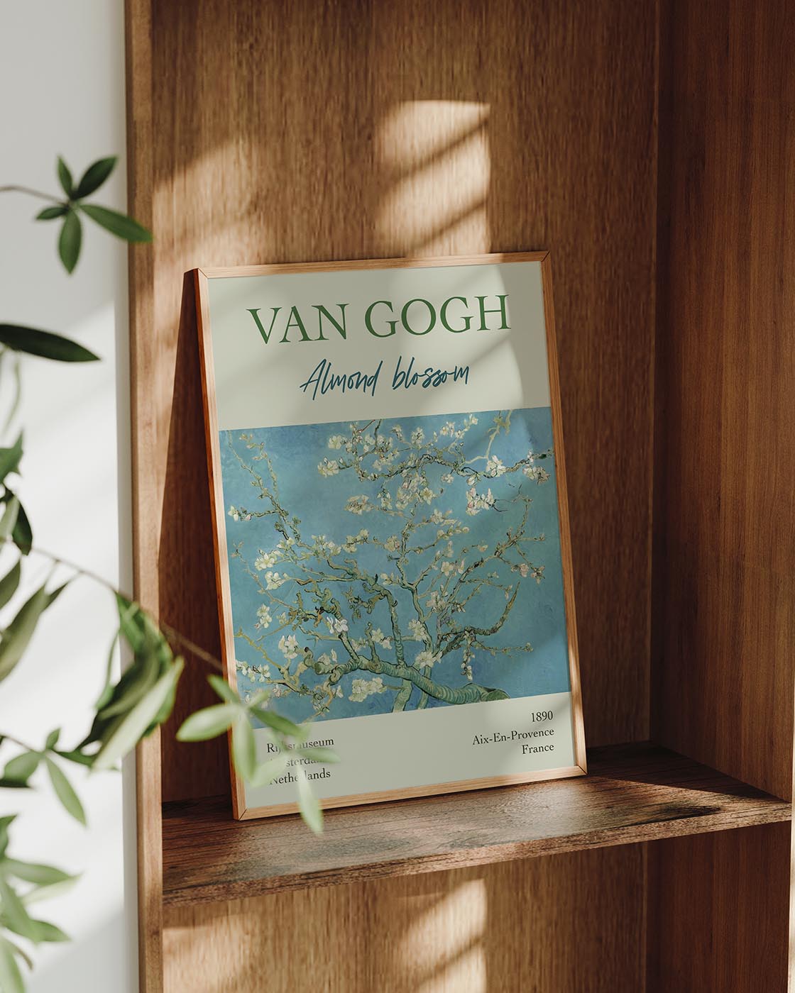 Vincent van Gogh's Almond Blossom painting poster with white flowers on blue background