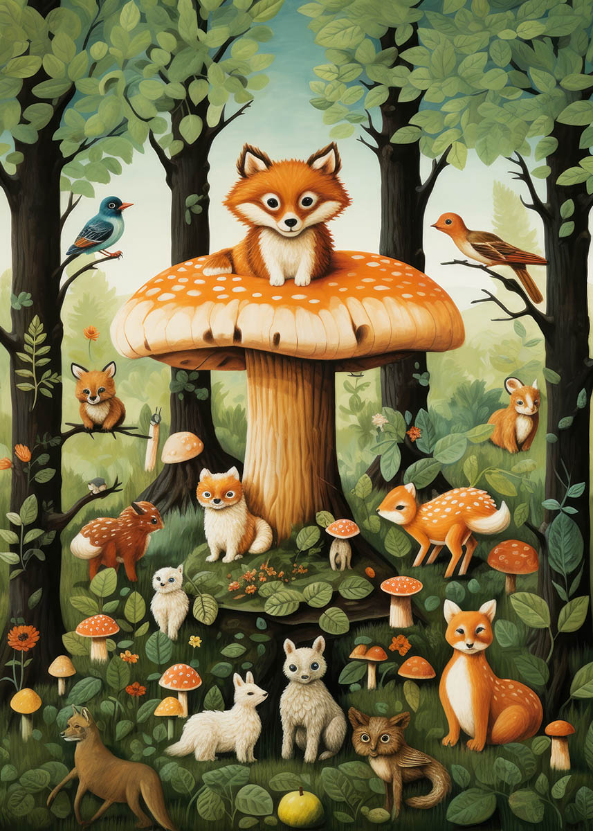 Illustrative poster of playful woodland animals including foxes, birds, and deer amidst mushrooms, trees, and flowers, ideal for kids' nursery decor.