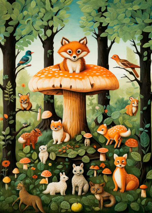 Illustrative poster of playful woodland animals including foxes, birds, and deer amidst mushrooms, trees, and flowers, ideal for kids' nursery decor.